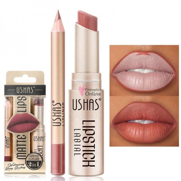 Ruj solid pentru buze 2 in1 USHAS GOLD Long Lasting Matte & LipLiner Cod 08B Red Clay